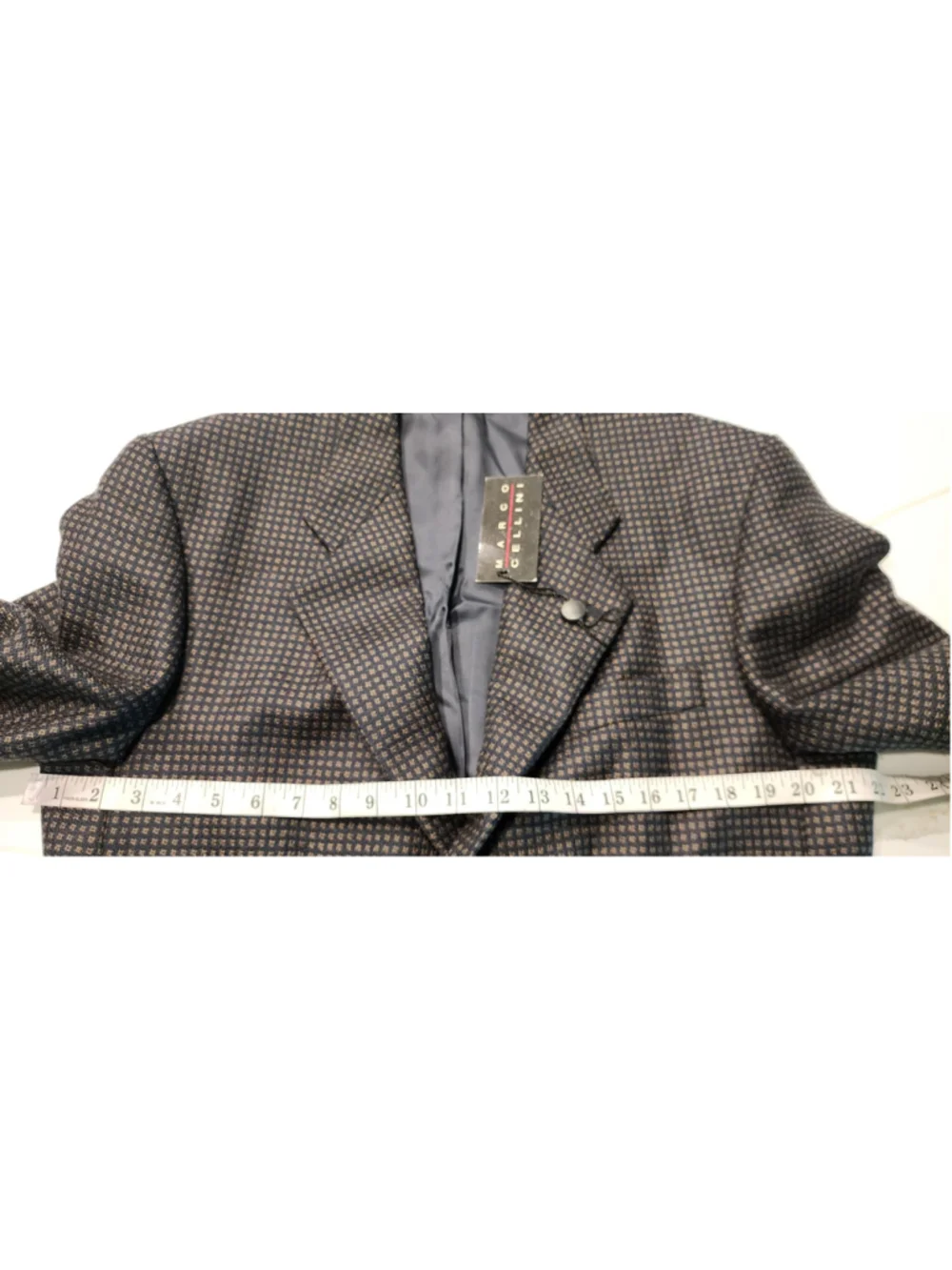 Marco Cellini Men’s 40 100% Wool Blazer Navy Tan Geometric Check Sport Coat Long